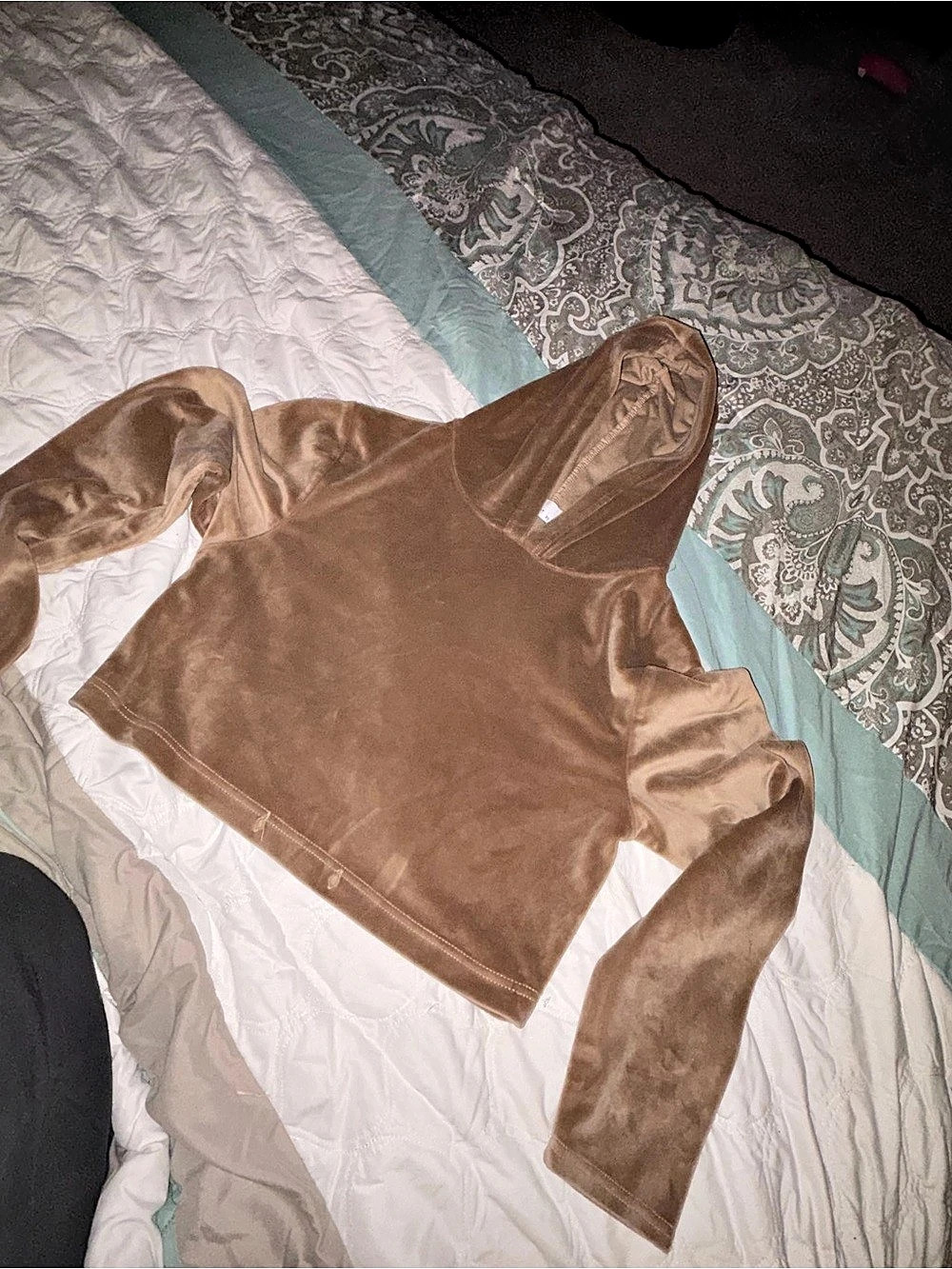 Roma Concept by Rosee Velour Cropped Hoodie Brown Large